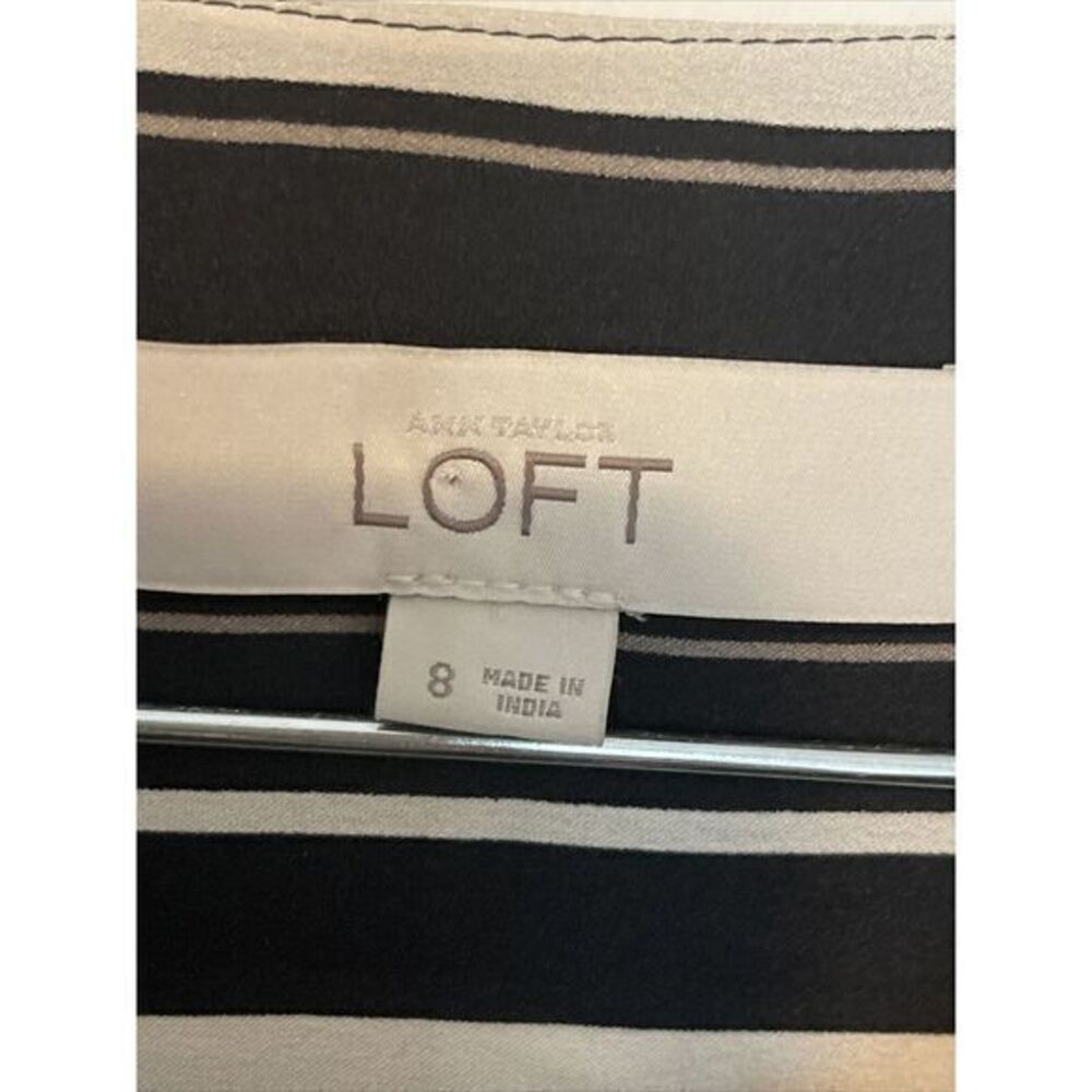 LOFT Shirt Dress Sz 8 Tie Waist‎ Black Cream Stripe Button 3/4Sleeve - Picture 2 of 7